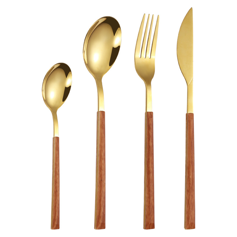 Al por mayor creativo japonés occidental vajilla caja de regalo traje Hotel Acero inoxidable madera grano cuadrado mango cuchillo tenedor postre cuchara