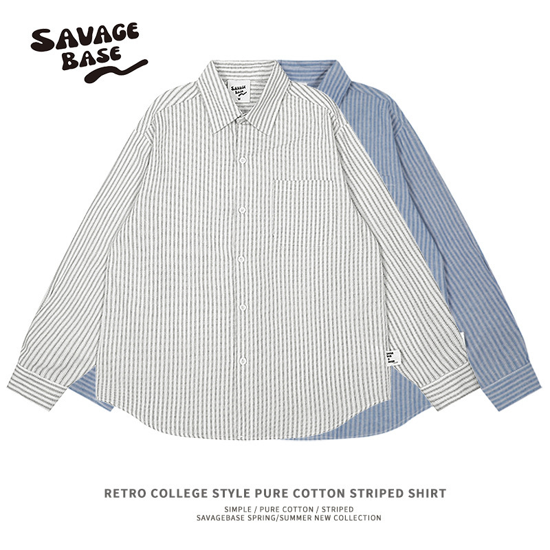 Wilderness Base Japanese Retro Pure Cotton Vertical Striped Shirt Unisex Versatile Oversized Long-Sleeve College Style Shirt Wilderness Base Japanese Retro Pure Cotton Vertical Striped Shirt Unisex Versatile Oversized Long-Sleeve College Style Shirt