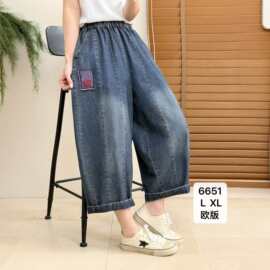 2026夏新品 复古贴布刺绣牛仔女 松紧腰宽松显瘦七分阔腿裤 6651