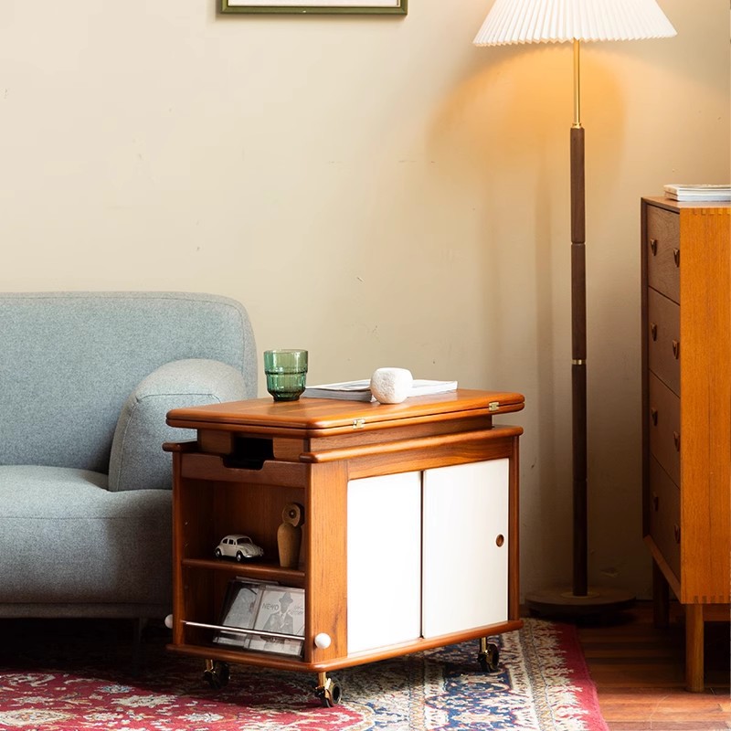 El carro de la mesa de centro plegable móvil de estilo antiguo se puede levantar, el sofá de la sala de estar del apartamento pequeño, el gabinete lateral, la mesa pequeña