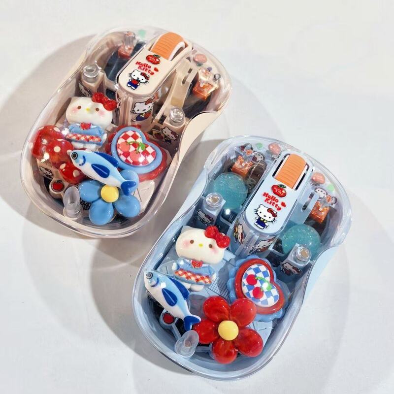 Handmade High-Quality Kitty Cat Transparent Wireless Mouse with a Girly Cartoon Design for DIY Decoration, Silent for Office Use and Laptops