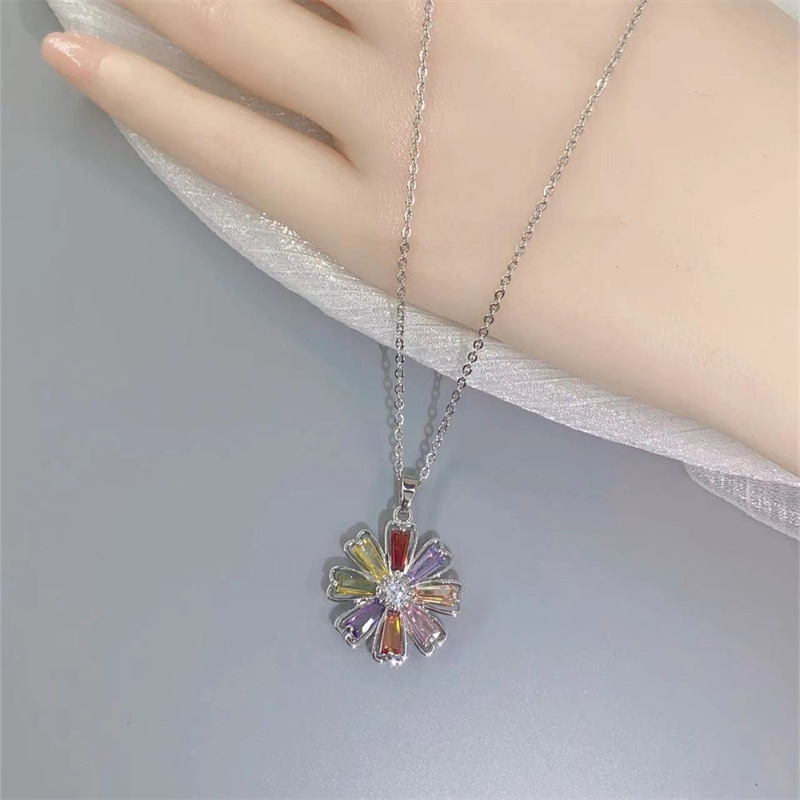 Sweet Simple Style Flower Titanium Steel Plating Inlay Zircon Pendant Necklace_colorza_3
