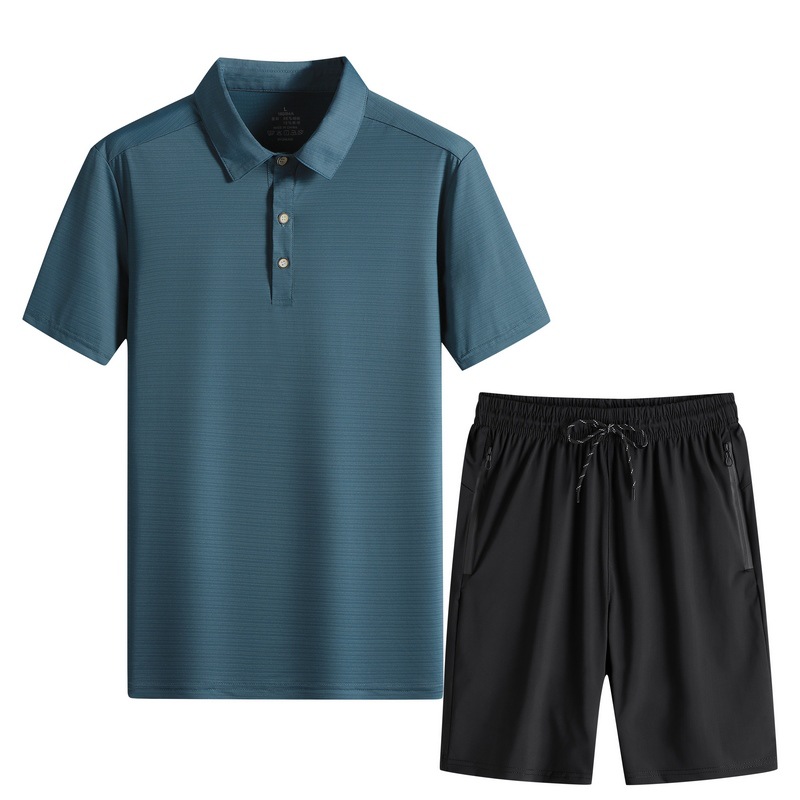Comercio exterior polo para hombres 2026 nuevo seda de hielo secado rápido transpirable piel de mangas cortas pantalones cortos deportivos delgados dos piezas