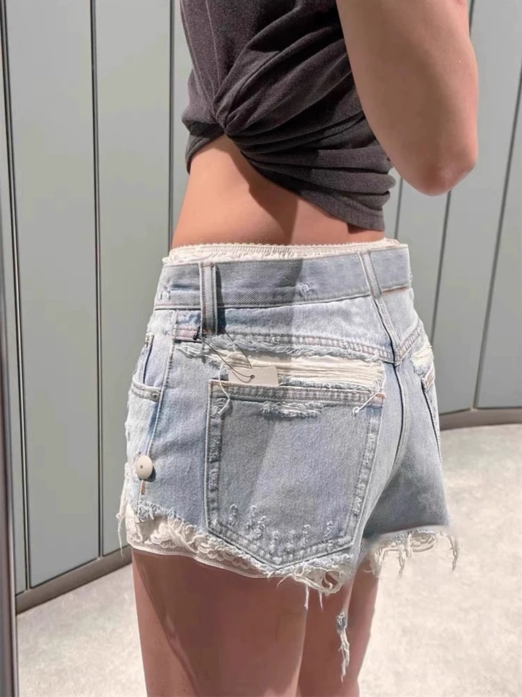 25 pantalones cortos de mezclilla rasgados irregulares retro mujeres verano estilo fino chica caliente cintura alta borde de encaje pantalones cortos de pierna ancha image 5