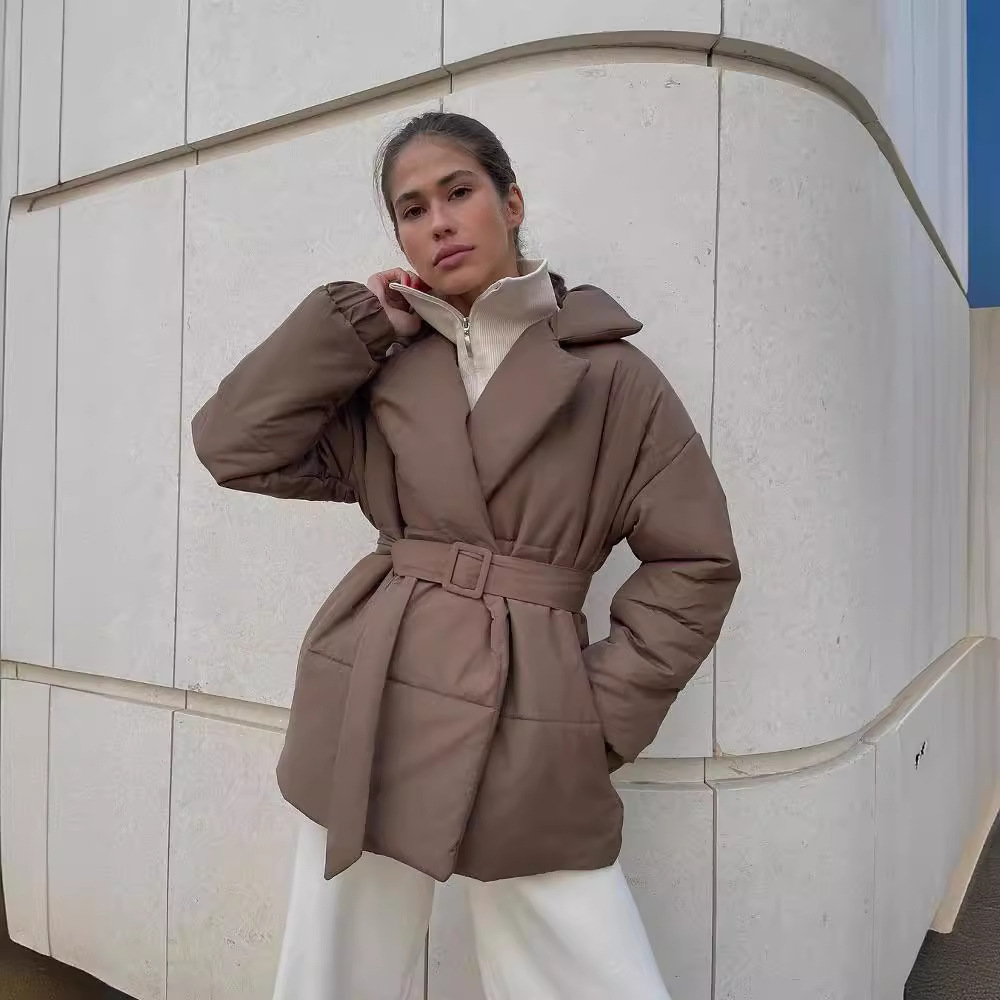 2024 Χειμερινό Νέο Γυναικείο Μπουφάν με Χοντρό Γιακά και Μέση, Μονόχρωμο Βαμβακερό Μπουφάν για Αδυνάτισμα_voghion.com