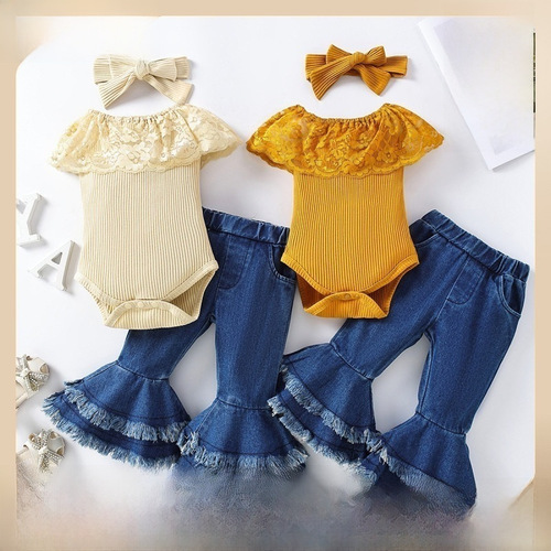 INS Summer New Girls' Set 0-3 Years Old Fashion Children's Yellow Sleeveless Top + Denim Bell Bottoms Two-Piece Set