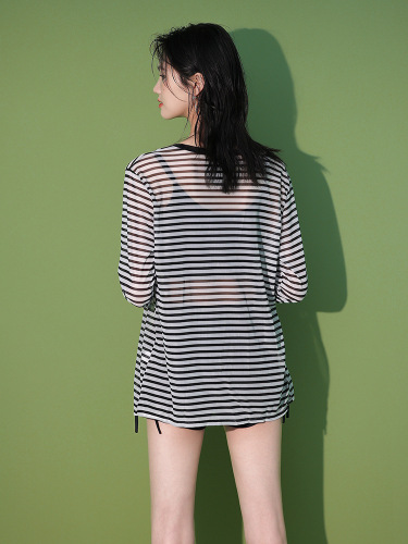 Split three-piece swimsuit women's long-sleeved sun protection cover-up boxer briefs slimming stripes conservative hot spring swimmers only