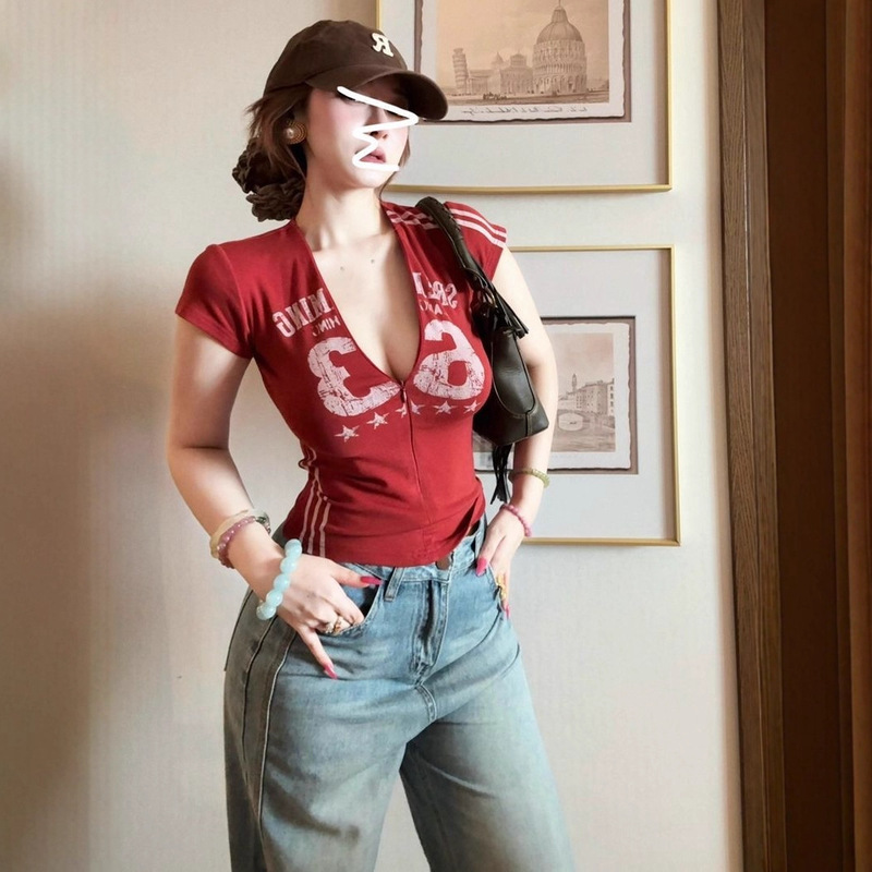[260g Rayon Modal] Sweet and Cool Style V Neck Zipper Jersey Short-Sleeved Summer Sports American Top Trendy