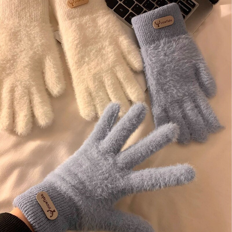 Academy Gloves for Women and Men in Winter, Full-Finger Couple Thickeneded Fleece-Lined Finger-Hanging Neck Cold-Proof and Warm Mink Fur Mittens