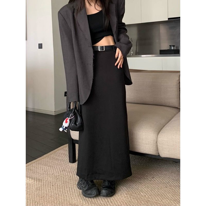 美拉德毛呢西装灰色半身裙女秋冬2025新款高腰显瘦A字包臀长裙子|undefined