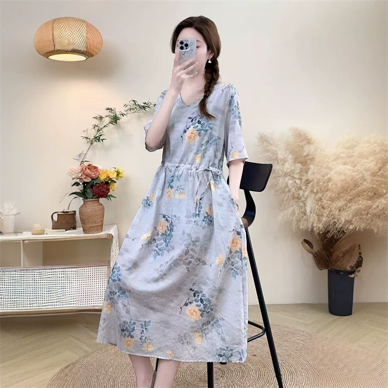 2025 новое платье с длинными рукавами, модное новое платье с цветочным принтом, большой размер, юбка средней длины, закрывающая живот, для похудения