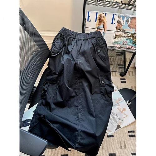 Women's Loose Fit American Workwear Skirt with Elastic Waist and Drawstring, Casual and Versatile A-Line Medium-Length Skirt with Slits