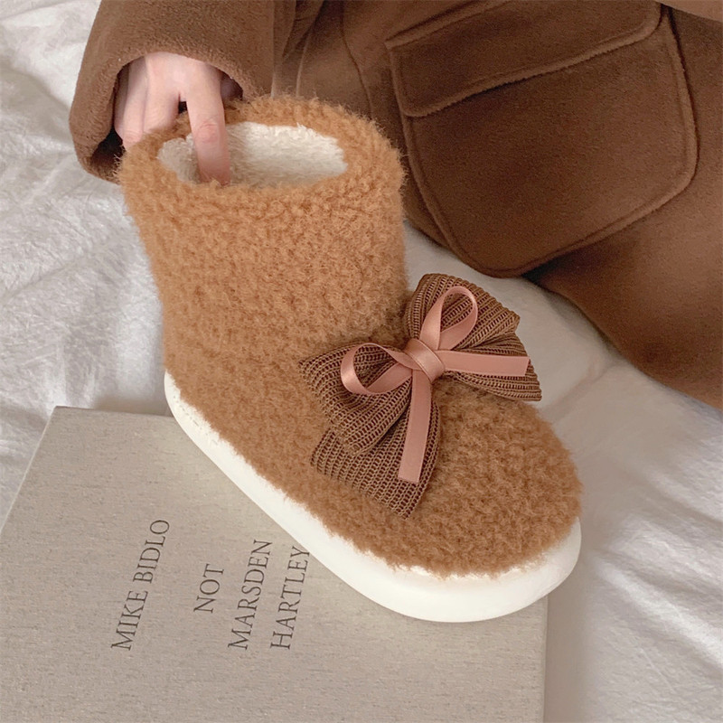 Winter Women's Fleece-Lined Thickened Lambswool Retro Bowknot Warm Comfortable Versatile Fashion Simple Snow Boots