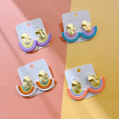 Europe and America Cross border Rainbow Fimo Earrings Polymerization Clay Geometry Type U Clay Ear Studs Earrings Advanced sense wholesale