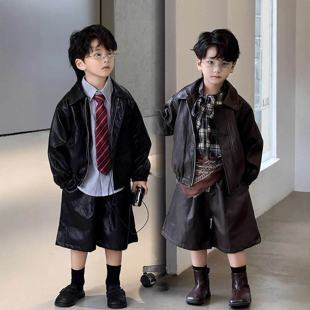 男童套装2025秋季新款皮衣儿童韩版帅气皮夹克短裤两件套一件代发