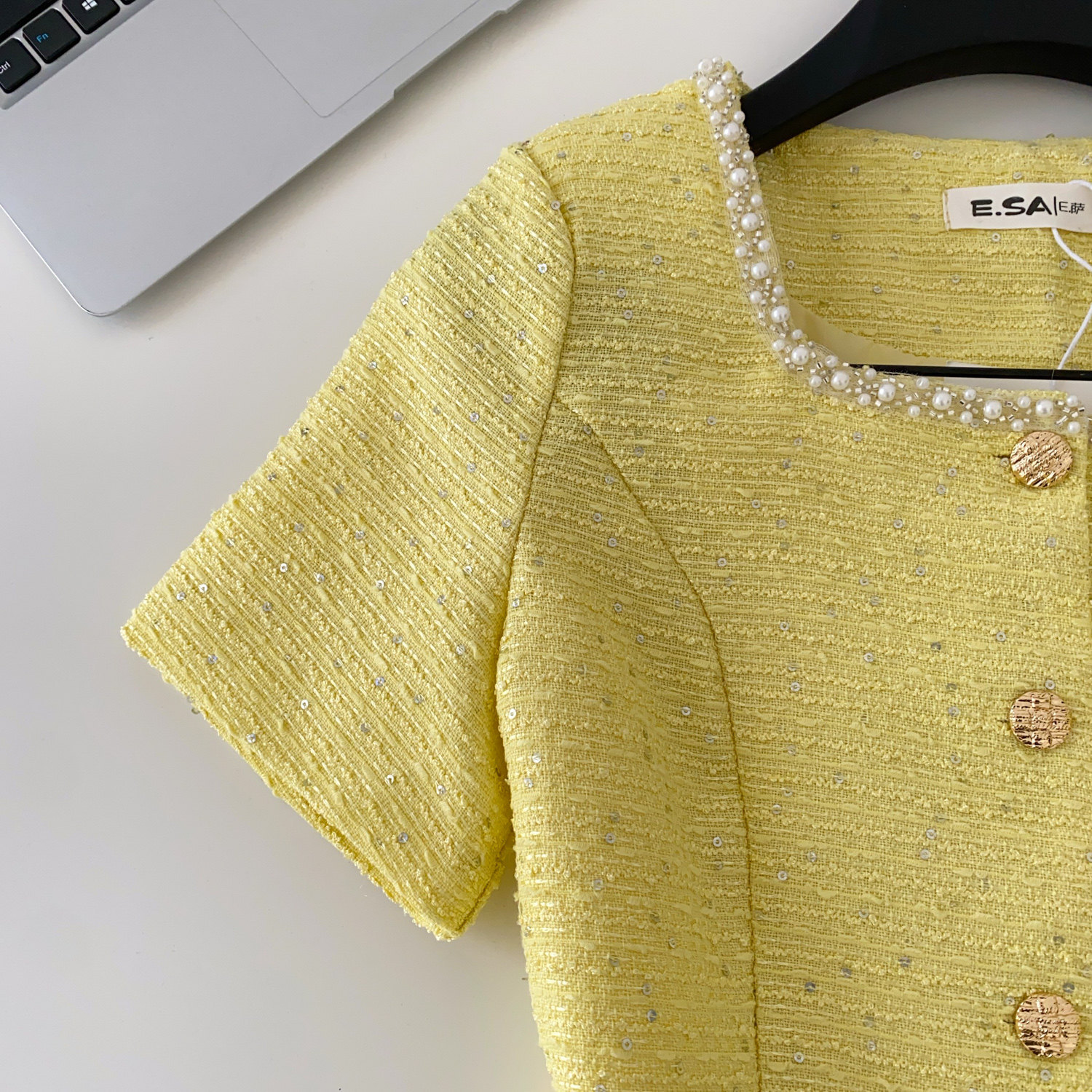 Women's French Style Beaded Square Neck Short Sleeve Summer Blouse_voghion.com