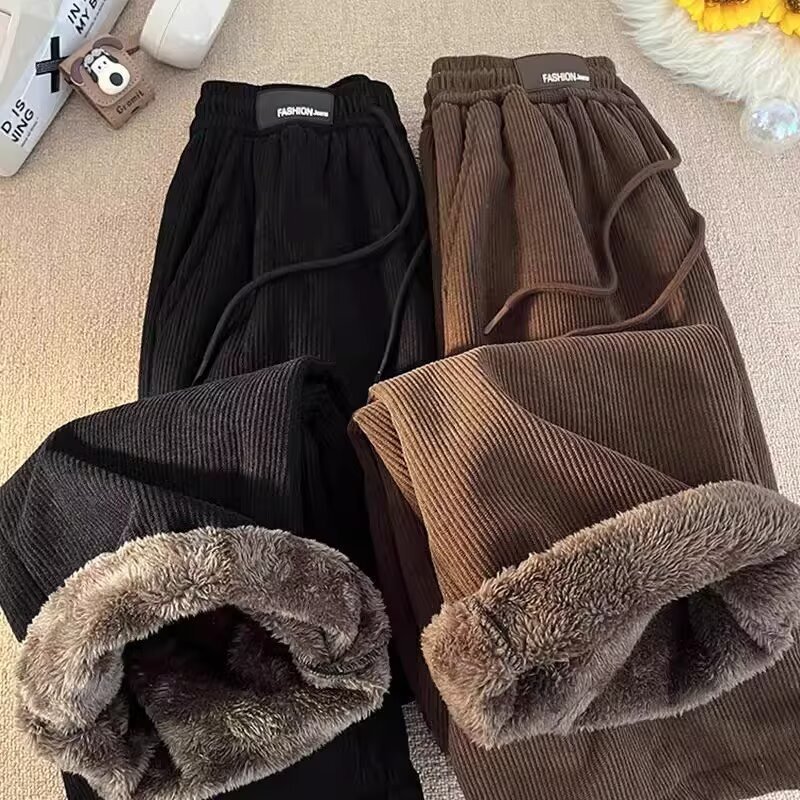 Corduroy Ultra-Thick Lamb Fleece Pants for Men, Fleece-Lined, Thick Black Warm Winter Youth Integrated Fleece Wide-Leg Pants