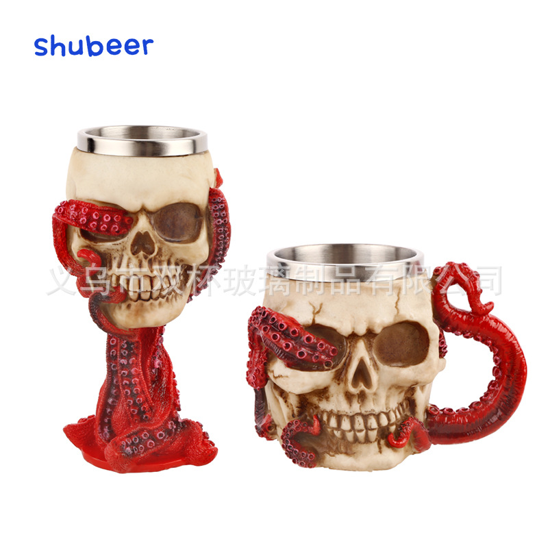 Taza de pie de pulpo rojo de Halloween transfronterizo 3D tridimensional alto pie cráneo pulpo resina de acero inoxidable copa de vino