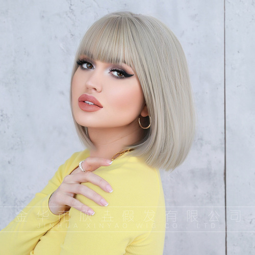Cross-border foreign trade false hair for women BOB short hair beige short straight hair wig full synthetic mechanism wig wholesale