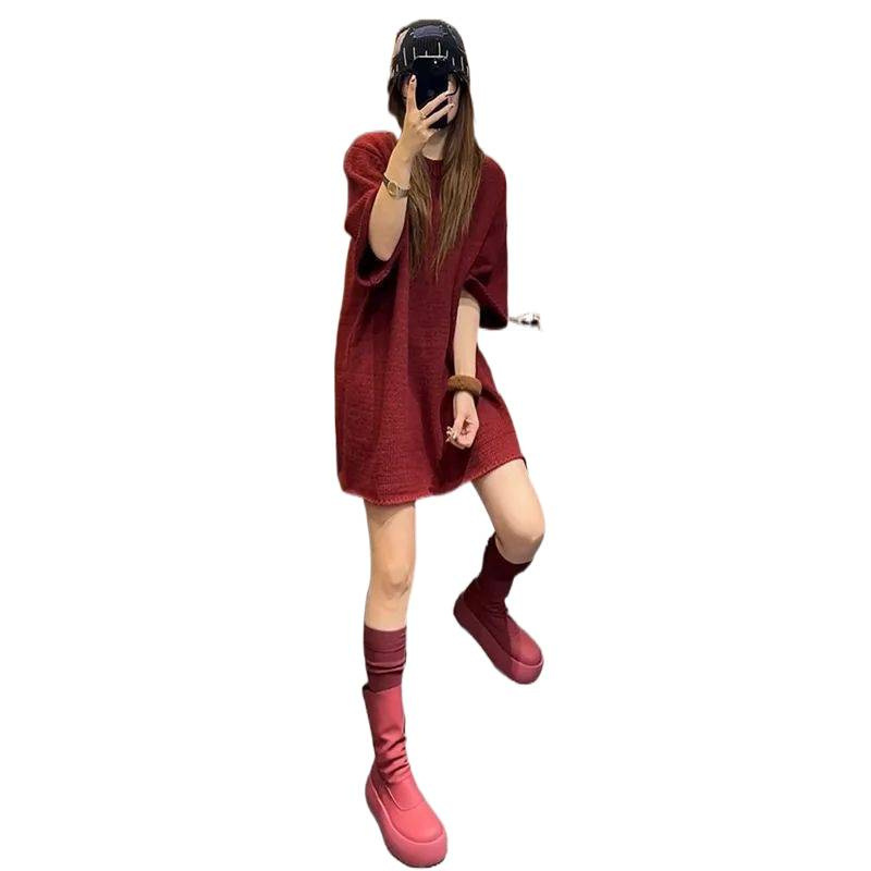 Loose-Fit Round-Neck Solid Color Knit For Women, European Style 2025 Spring New Fashionable Casual Short Dress_ecoleips.com