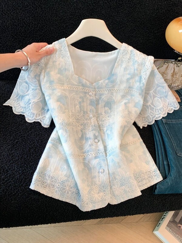 Heavy Embroidery Lace-Trimmed Short-Sleeve Chiffon Blouse for Women, 2026 Summer New Style, Elegant and Age-Reducing, Versatile Short Top