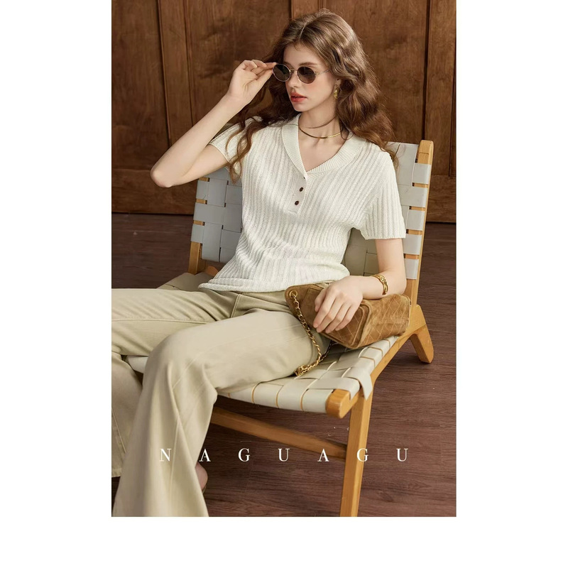 U2026 Summer Style Old Money Style Linen Lapel Buttoned Small Cable Knit Short-Sleeve Top for Women, Elegant and Slimming Knitwear U2026 Summer Style Old Money Style Linen Lapel Buttoned Small Cable Knit Short-Sleeve Top for Women, Elegant and Slimming Knitwear