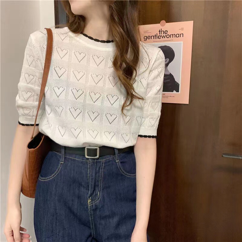 Summer Pink Hollow-Out Heart Knit Short-Sleeve Loose Slimming Versatile Women's Top Sweet Trendy Patchwork Design Summer Pink Hollow-Out Heart Knit Short-Sleeve Loose Slimming Versatile Women's Top Sweet Trendy Patchwork Design