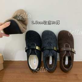 加厚毛呢毛毛鞋女士外穿秋冬季加绒棉鞋平软底保暖玛丽珍懒人女鞋