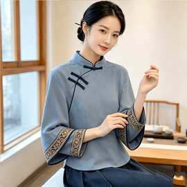 新中式国风套装女改良旗袍上衣2026秋季民国盘扣茶服阔腿裤两件套