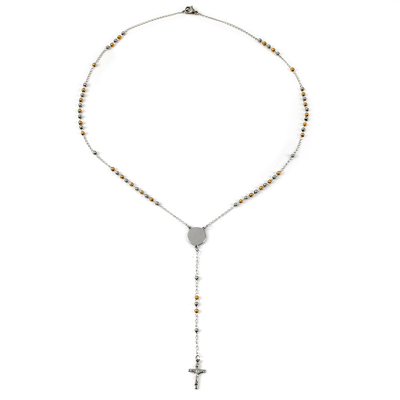 Ethnic Style Cross Stainless Steel Beaded Pendant Necklace_colorza_4