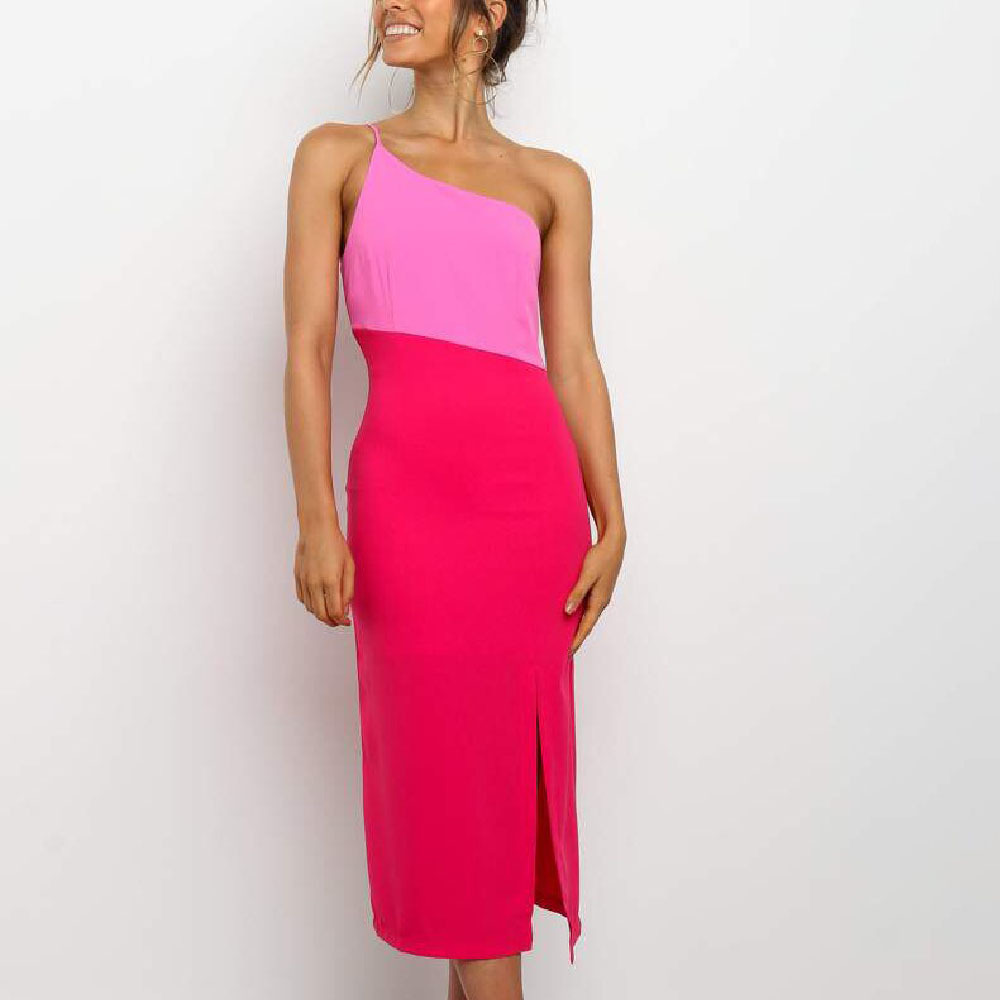 women s single shoulder sling split stitching dress nihaostyles wholesale clothing NSJRM81756