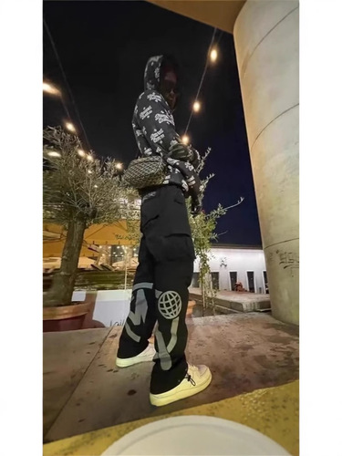 Chic brand versatile men's slim-fit stretch neutral pants, European and American printed street-style straight-leg drawstring pants, cross-border wholesale