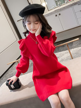 女童連衣裙秋冬新款2022公主裙兒童洋氣針織中大童紅色毛衣裙子
