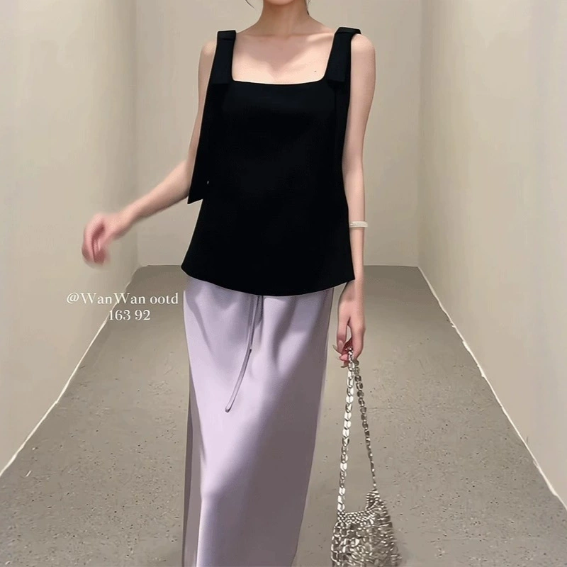 Летний костюм-двойка для женщин в стиле французской королевской сестры: юбка и топ из черного атласа класса люкс.