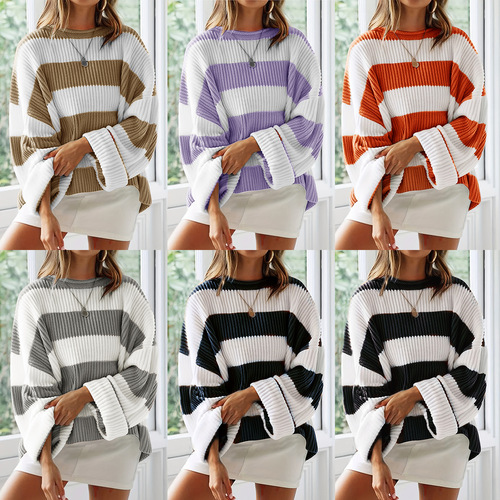 Autumn/Winter Retro Color Block Striped Sweater Loose Round Neck Lazy Style Knit Top