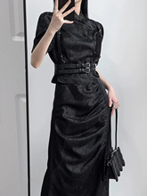 山本耀司原创设计提花新中式夏季黑色上衣提花改良旗袍半身裙套装