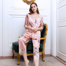 温柔风百合重磅桑蚕丝绸睡衣女士春夏季长袖蕾丝翻领家居服两件套