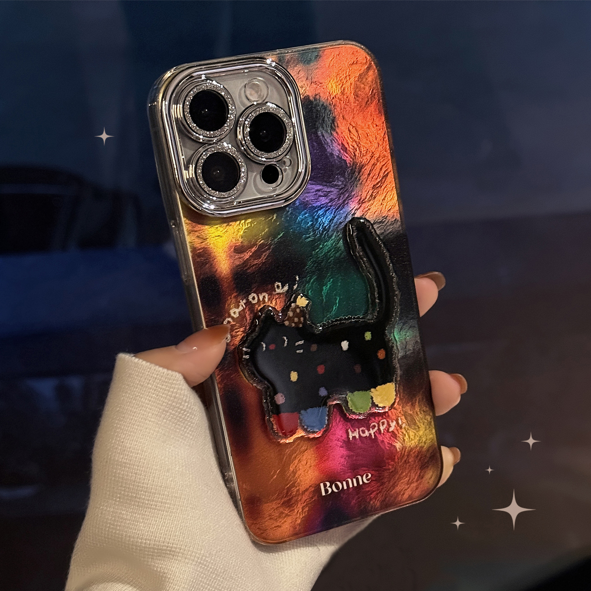 Funda 3D con diseño de gato negro con lunares, adecuada para iPhone 17 Pro Max, funda para teléfono Apple iPhone 16, estilo caricaturesco, con colgante 13, rígida 14 image 1