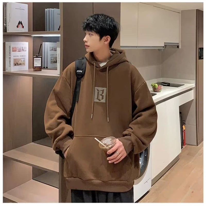 Мужская универсальная толстовка в японском стиле с капюшоном для осени и зимы, модный повседневный пуловер в стиле Харадзюку на флисовой подкладке, свободного кроя с буквенным принтом.