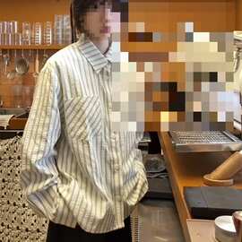 vintage白色条纹长袖衬衫男秋季miu系高智感防晒衬衣休闲情侣外套