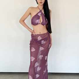 纯欲泳衣女网纱遮肚子显瘦高级泳装度假沙滩裙分体感比基尼三件套