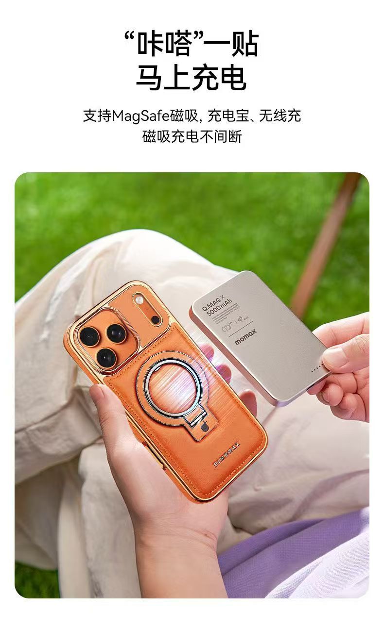 Ốp lưng iPhone 16/17 Pro Max/Pro/Plus da từ tính tích hợp giá đỡ chống rơi kèm vòng đeo tay — màu đen, màu xanh đậm, nâu nhạt, màu tím đậm chi tiết 8