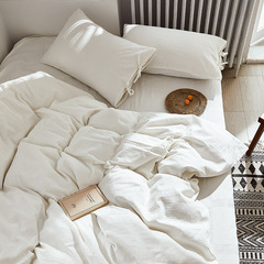 出口日本日式全棉純色提花四件套民宿風裸睡純棉被套床單綁帶套件