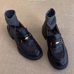 牛皮版~厚底乐福鞋女通勤复古粗跟单鞋子百搭一脚蹬英伦风小皮鞋