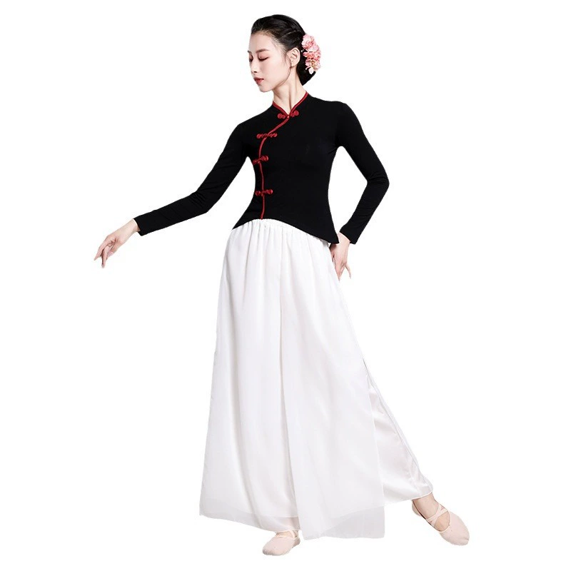 Классический танцевальный костюм рифма китайского стиля улучшенный чонсам костюм средний рукав черный топ для женщин