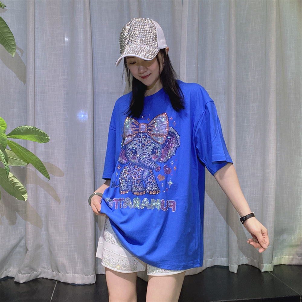 Camiseta de manga corta con diamantes para mujer europea y americana moda de verano suelta versión grande marca de moda de longitud media tops de algodón de diamantes calientes para mujer
