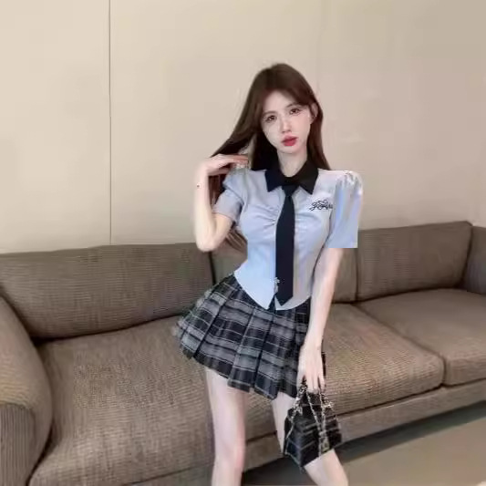 달콤하고 뜨거운 대학 스타일 JK 세트 반팔 넥타이 최고 여름 높은 허리 격자 무늬 주름 치마 전문 유니폼 투피스 세트