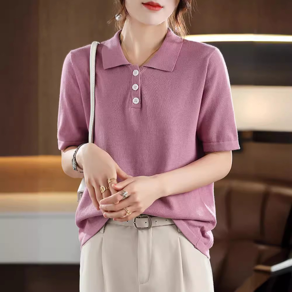 100纯棉线短袖t恤女夏季韩版POLO领针织衫外穿宽松体恤百搭上衣