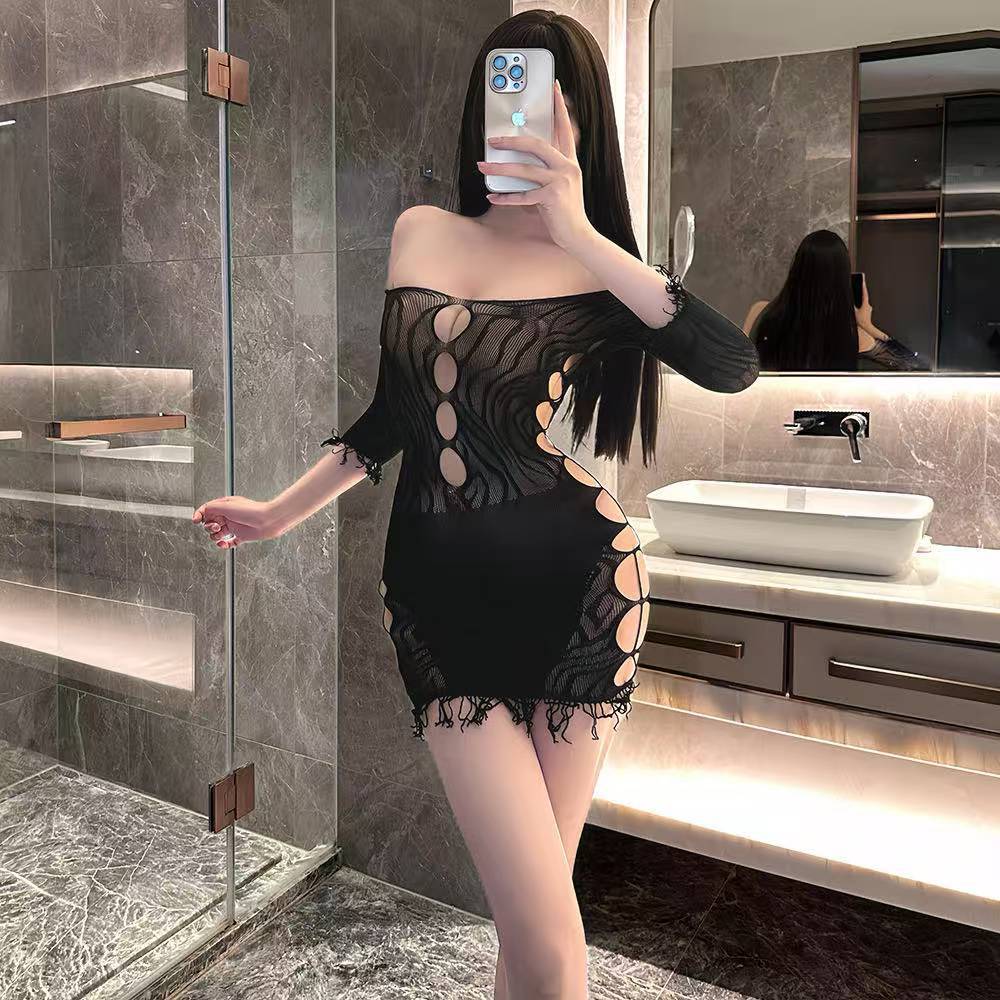 One-Shoulder See-Through Mesh Mini Dress, Long-Sleeve Open-Crotch Lingerie, White One Size — detail image 2