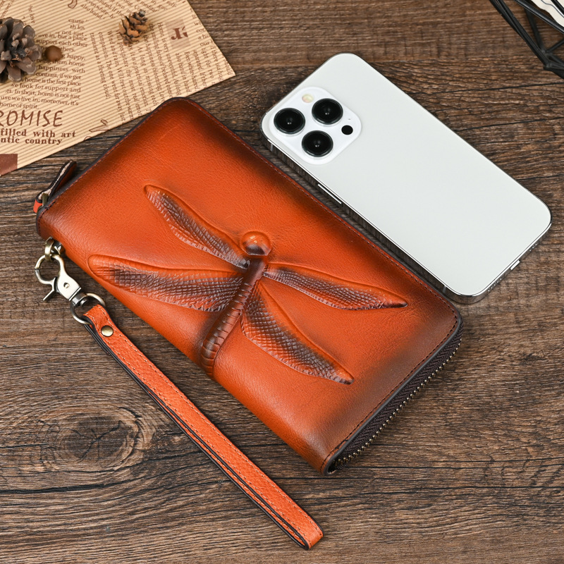 Echte lange Lederhandtasche, Damen-Geldbörse aus Rindsleder mit oberer Schicht, geprägte Geldbörse_voghion.com